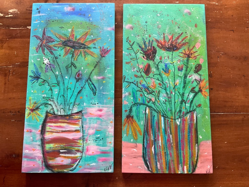 abstract acrylic and pastels painting of flowers